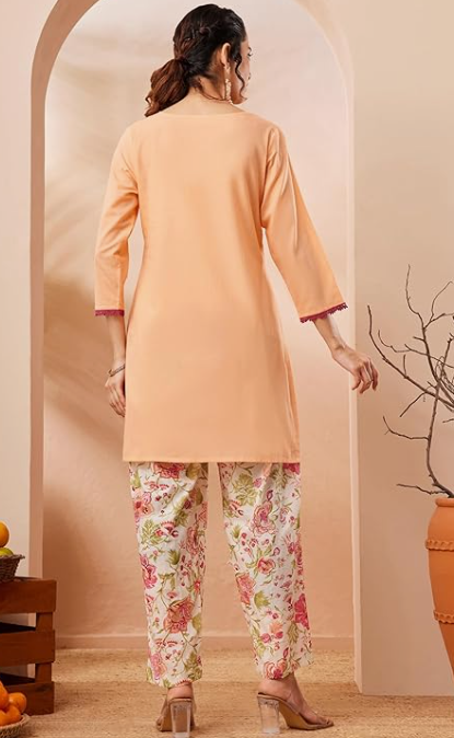 Women’s Peach Pure Cotton Straight Kurta Co-ord Set with Elegant Yoke Embroidery
