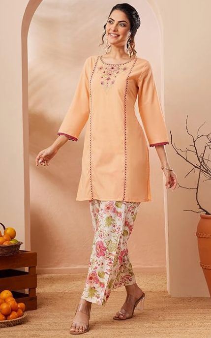 Women’s Peach Pure Cotton Straight Kurta Co-ord Set with Elegant Yoke Embroidery