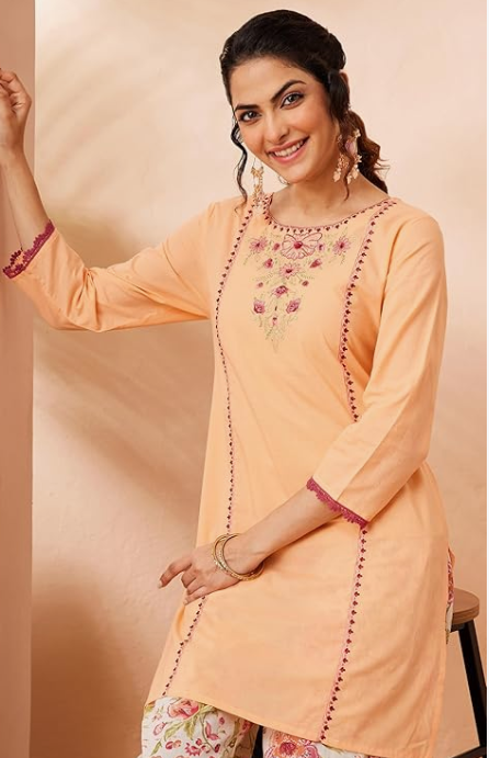 Women’s Peach Pure Cotton Straight Kurta Co-ord Set with Elegant Yoke Embroidery