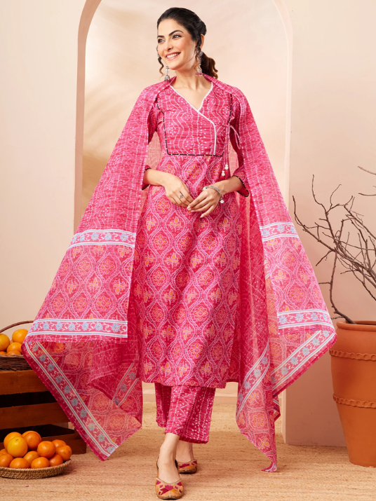 Women’s Pink Pure Cotton Bandhani Printed Kurta Set with Pants