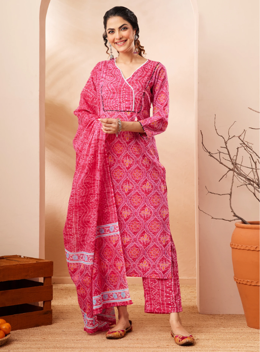 Women’s Pink Pure Cotton Bandhani Printed Kurta Set with Pants