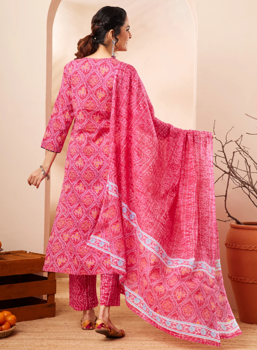 Women’s Pink Pure Cotton Bandhani Printed Kurta Set with Pants