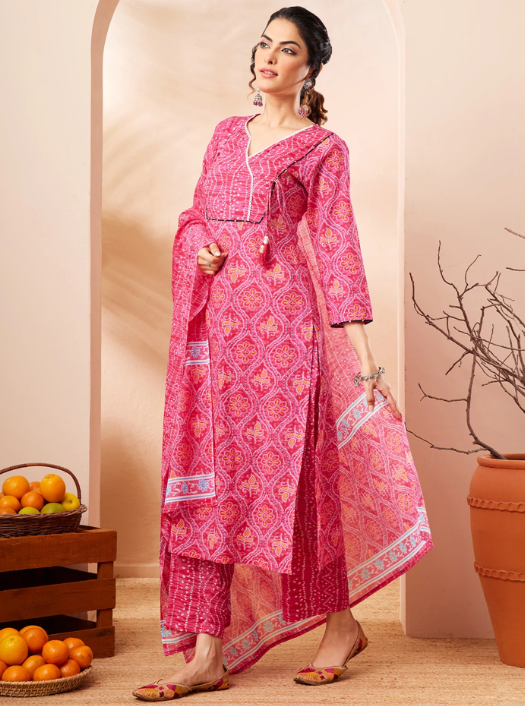 Women’s Pink Pure Cotton Bandhani Printed Kurta Set with Pants