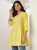 Sunshine Yellow Embroidered Cotton Tunic with Tassel Tie-Up