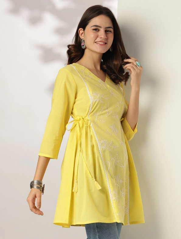 Sunshine Yellow Embroidered Cotton Tunic with Tassel Tie-Up