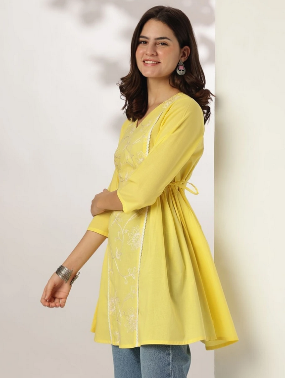 Sunshine Yellow Embroidered Cotton Tunic with Tassel Tie-Up