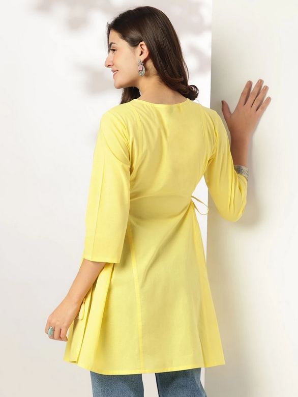Sunshine Yellow Embroidered Cotton Tunic with Tassel Tie-Up