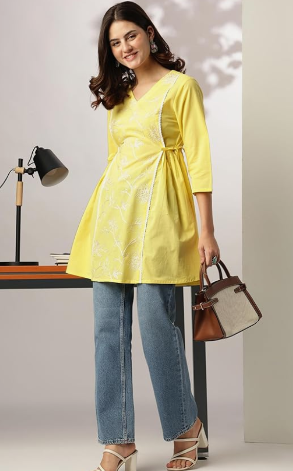 Sunshine Yellow Embroidered Cotton Tunic with Tassel Tie-Up