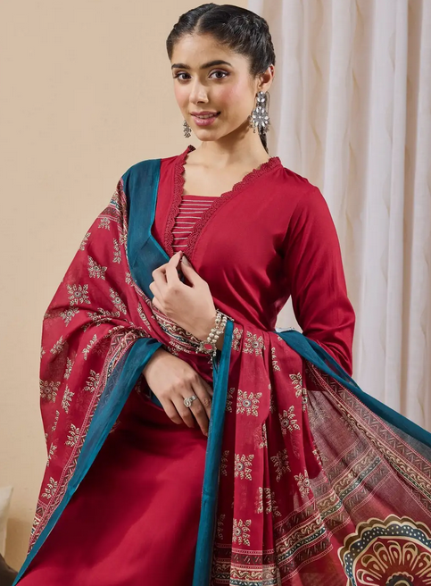 Maroon Rayon Yoke Design Straight Kurta Set with Printed Dupatta