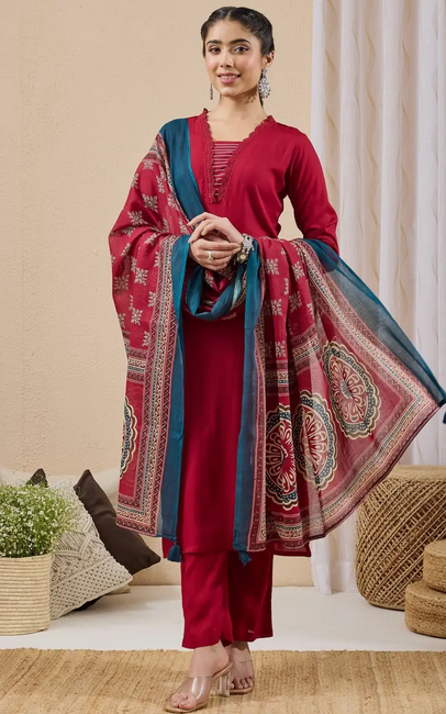 Maroon Rayon Yoke Design Straight Kurta Set with Printed Dupatta