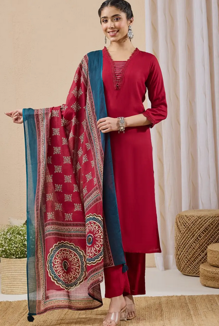 Maroon Rayon Yoke Design Straight Kurta Set with Printed Dupatta