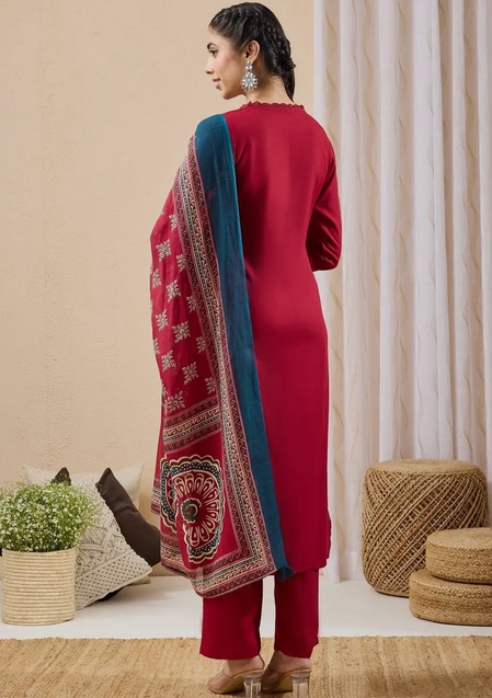 Maroon Rayon Yoke Design Straight Kurta Set with Printed Dupatta