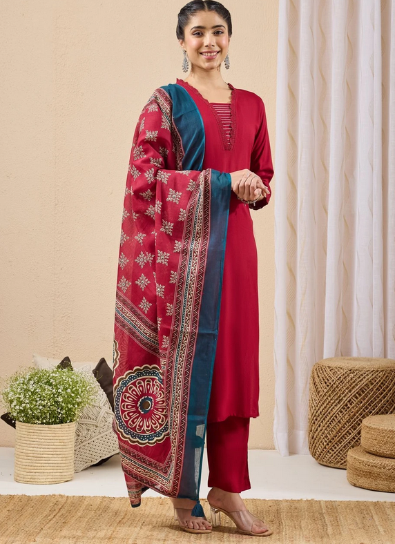 Maroon Rayon Yoke Design Straight Kurta Set with Printed Dupatta