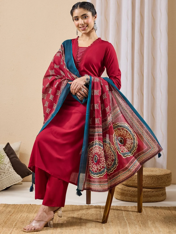 Maroon Rayon Yoke Design Straight Kurta Set with Printed Dupatta