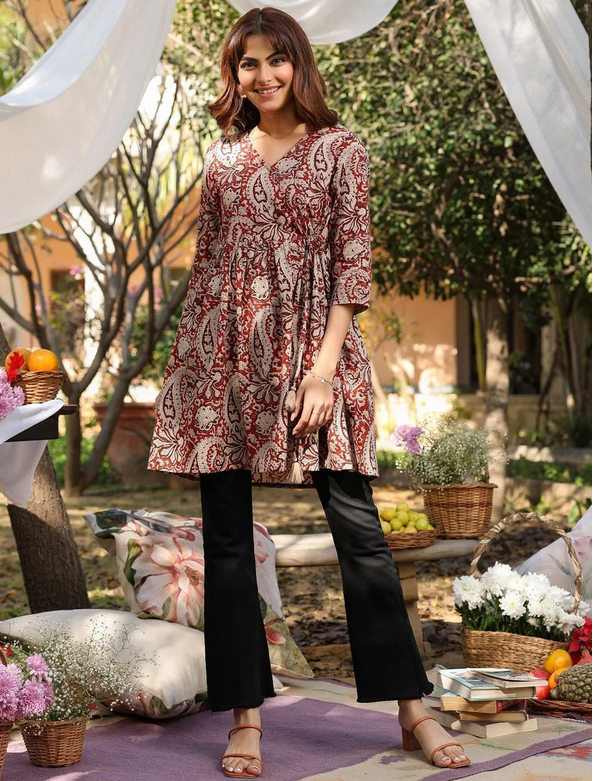 Maroon Paisley Printed Cotton A-Line Tunic with Wrap Tie-Up