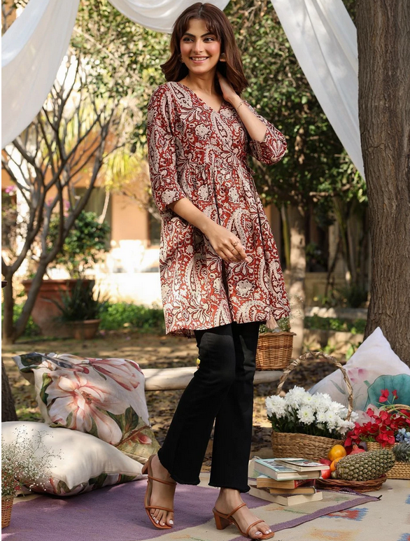 Maroon Paisley Printed Cotton A-Line Tunic with Wrap Tie-Up