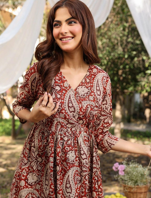 Maroon Paisley Printed Cotton A-Line Tunic with Wrap Tie-Up