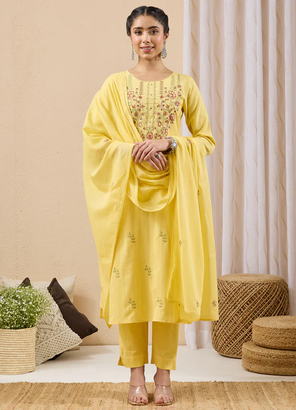 Sunlit Elegance: Yellow Linen Cotton Embroidered Kurta Set