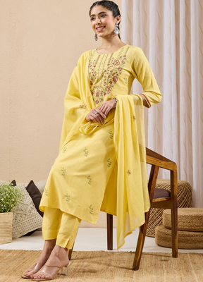 Sunlit Elegance: Yellow Linen Cotton Embroidered Kurta Set