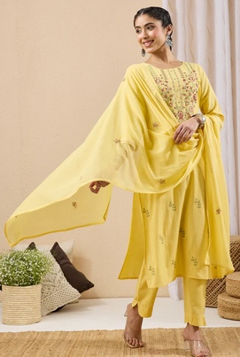 Sunlit Elegance: Yellow Linen Cotton Embroidered Kurta Set