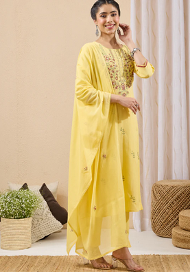 Sunlit Elegance: Yellow Linen Cotton Embroidered Kurta Set