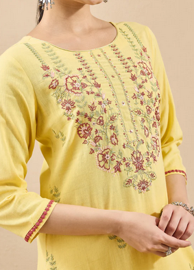 Sunlit Elegance: Yellow Linen Cotton Embroidered Kurta Set