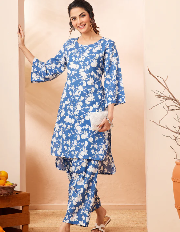 Fresh Floral Charm: Blue Pure Cotton Co-ord Set for Women