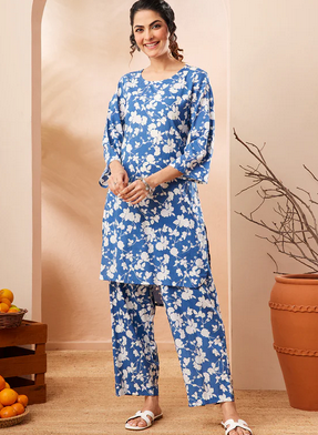 Fresh Floral Charm: Blue Pure Cotton Co-ord Set for Women
