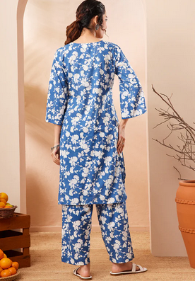 Fresh Floral Charm: Blue Pure Cotton Co-ord Set for Women