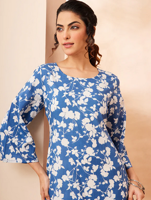 Fresh Floral Charm: Blue Pure Cotton Co-ord Set for Women