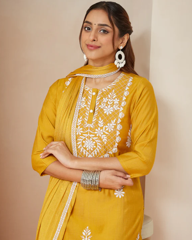 Festive Elegance: Mustard Embroidered Silk Blend Kurta Set