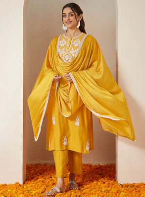 Festive Elegance: Mustard Embroidered Silk Blend Kurta Set