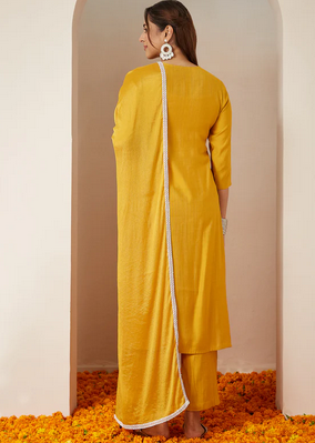 Festive Elegance: Mustard Embroidered Silk Blend Kurta Set