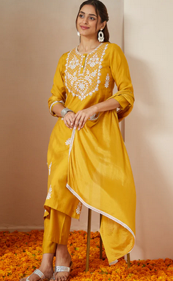 Festive Elegance: Mustard Embroidered Silk Blend Kurta Set
