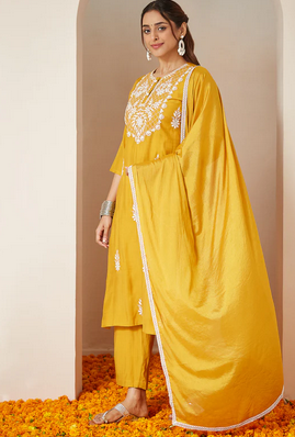 Festive Elegance: Mustard Embroidered Silk Blend Kurta Set