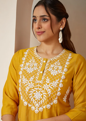 Festive Elegance: Mustard Embroidered Silk Blend Kurta Set