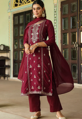 Classic Festive Style: Maroon Straight Kurta Set in Silk Blend