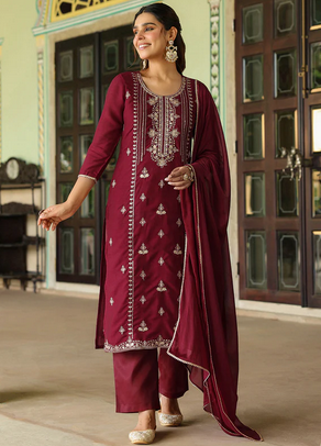 Classic Festive Style: Maroon Straight Kurta Set in Silk Blend