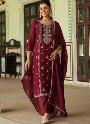 Classic Festive Style: Maroon Straight Kurta Set in Silk Blend