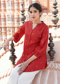 Effortless Shine: Red Foil Print Linen Cotton Tunic