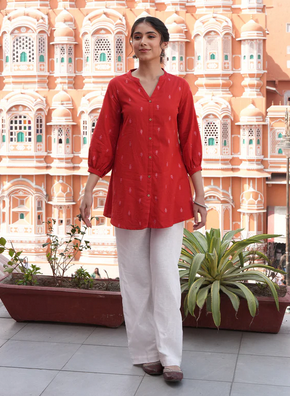 Effortless Shine: Red Foil Print Linen Cotton Tunic