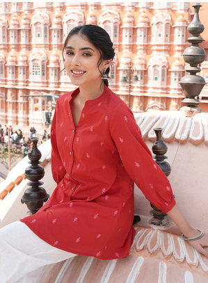 Effortless Shine: Red Foil Print Linen Cotton Tunic