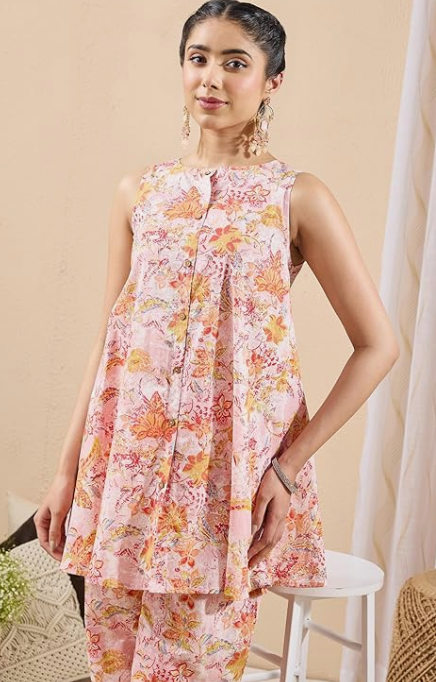 Light Pink Pure Cotton Floral Printed A-Line Co-Ord Set for Women