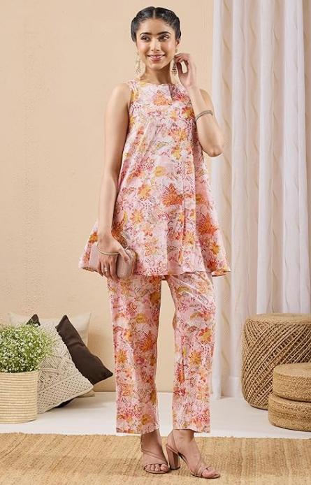 Light Pink Pure Cotton Floral Printed A-Line Co-Ord Set for Women
