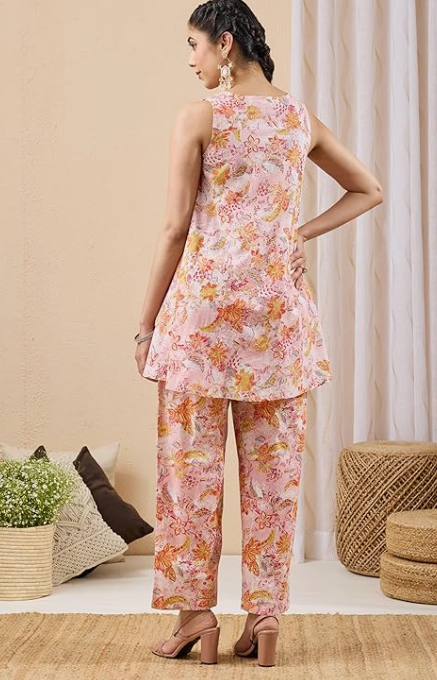 Light Pink Pure Cotton Floral Printed A-Line Co-Ord Set for Women