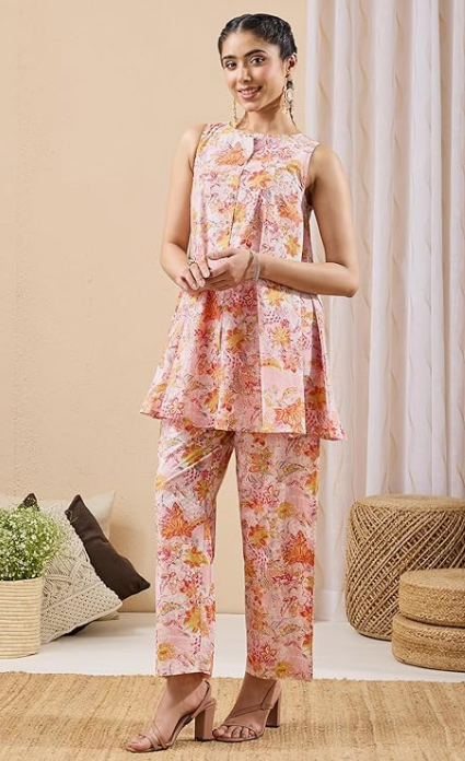 Light Pink Pure Cotton Floral Printed A-Line Co-Ord Set for Women