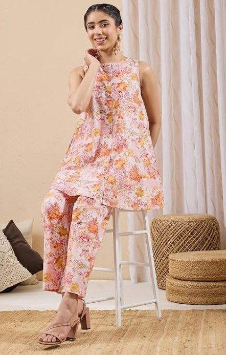 Light Pink Pure Cotton Floral Printed A-Line Co-Ord Set for Women