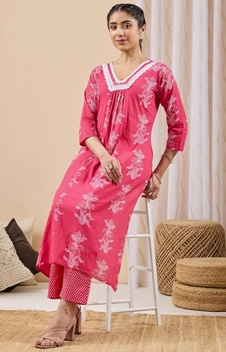 Women's Pink Floral Printed Pure Cotton A-Line Kurta Pant Set