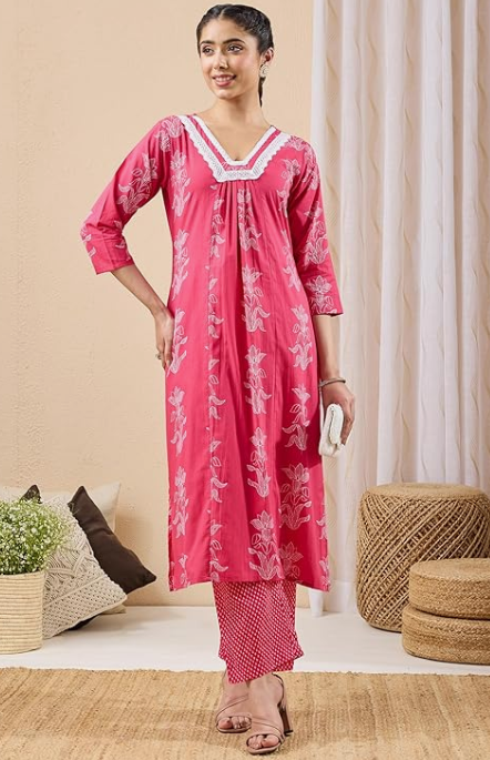 Women's Pink Floral Printed Pure Cotton A-Line Kurta Pant Set