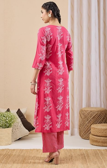 Women's Pink Floral Printed Pure Cotton A-Line Kurta Pant Set